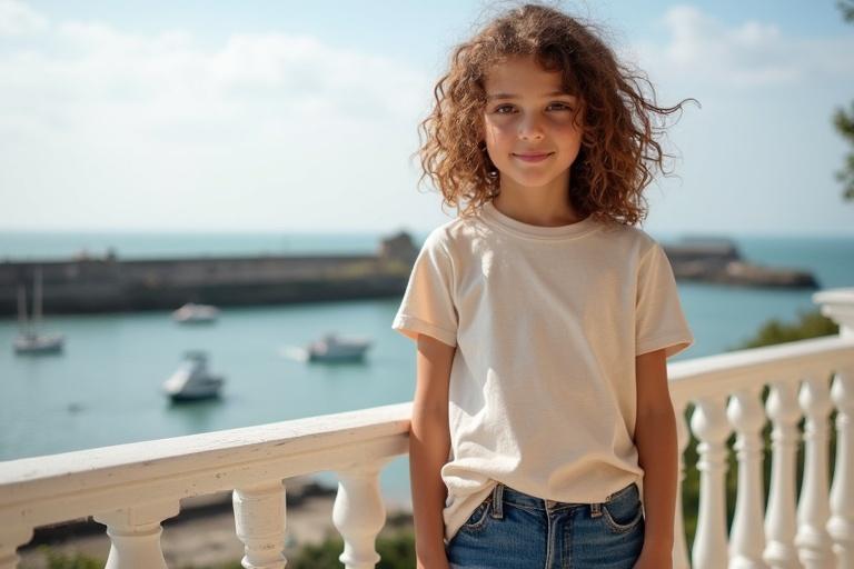 A young girl stands on a balcony. She wears a natural-colored T-shirt and blue jeans. The harbor in Normandy is visible in the background. The scene is sunny and peaceful.