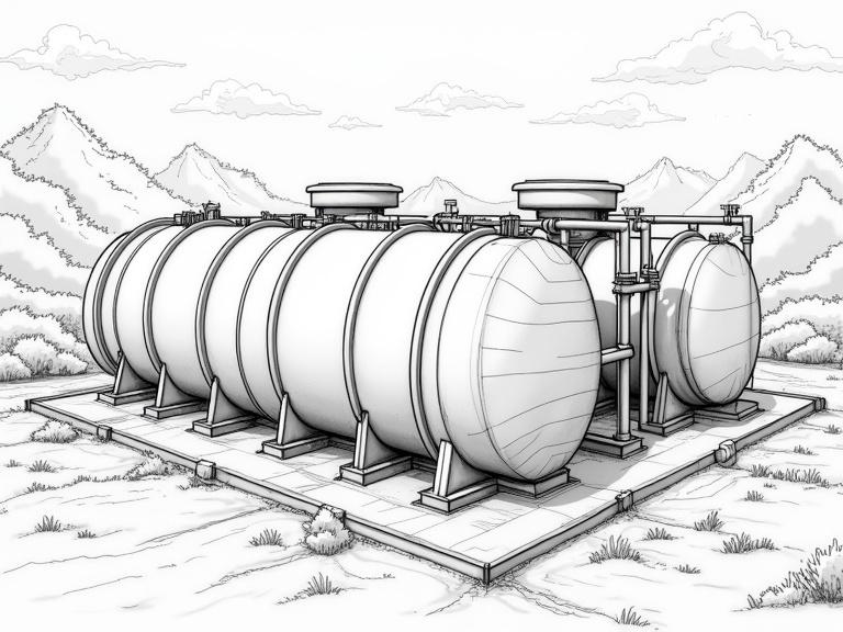 Illustration of a sewage treatment plant with multiple plastic tanks. The style is suitable for coloring books. View is from the side showing a parallel arrangement of tanks.