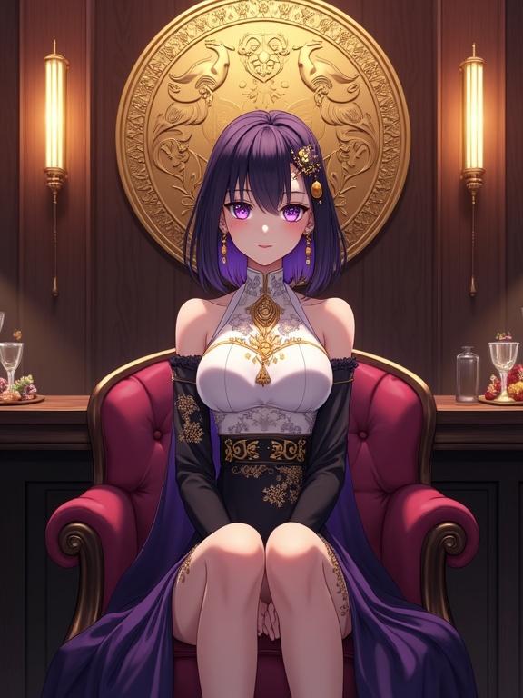 Cinematic anime-style illustration of a fair-skinned lady with dark violet hair. She wears a striking outfit of white and violet with gold. Seated on a plush velvet chair with a calm expression. Background shows a luxurious bar interior with golden emblem.