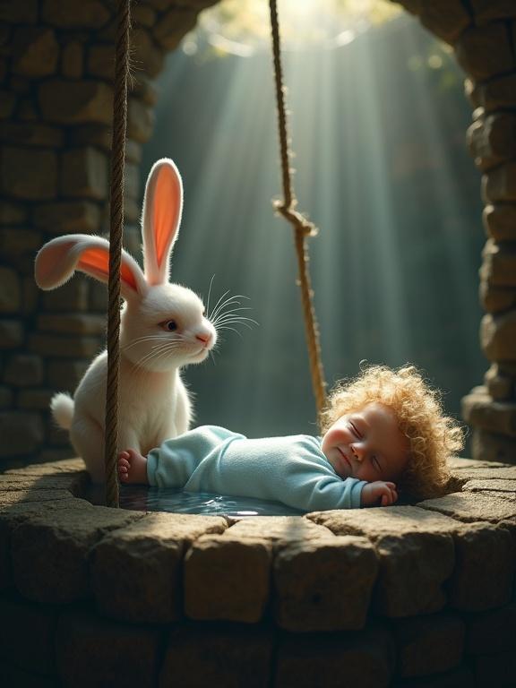 Heartwarming scene features a baby with curly blonde hair in a light blue onesie lying in a stone well. The baby appears calm and peaceful. A large white rabbit stands beside the well, holding a rope with one paw and gently resting the other on the baby. The lighting is dim with beams of sunlight penetrating above, illuminating the characters. Scene conveys tenderness and protection between the rabbit and the baby.