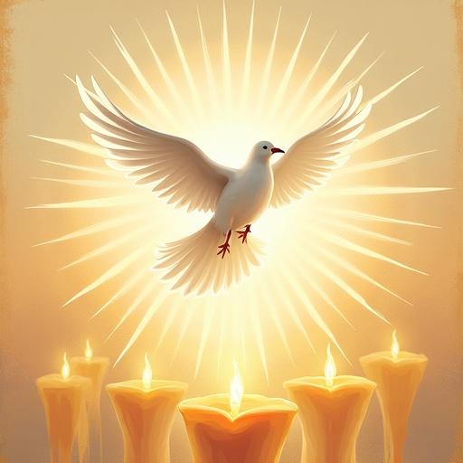 A graphic design invitation for a Pentecost Vigil featuring a white dove descending from above. Symbolizes the Holy Spirit. Stylized flames rise from below. Warm and inviting lighting, clean typography, textured background for tactile feel, high resolution for clarity.
