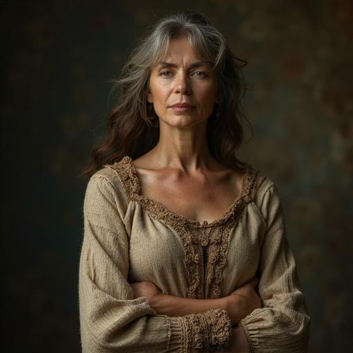 woman dressed in old-fashioned clothing with soft, natural lighting and an elegant pose