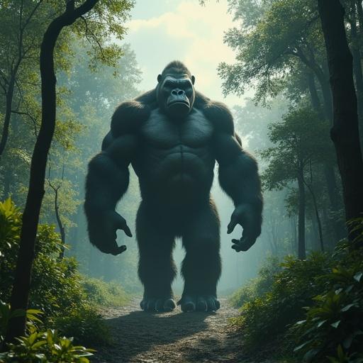 King Kong walks towards the camera through a dense forest. King Kong is as tall as a six-story building. The jungle appears small in comparison. The shot is cinematic.