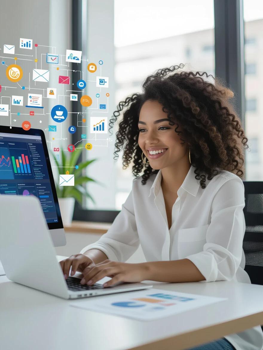 Young woman with curly hair works at modern desk. She looks excited while viewing colorful graphs on laptop. Sunlight shines through window. Various icons emphasize potential of e-commerce. Image captures energy of online business.