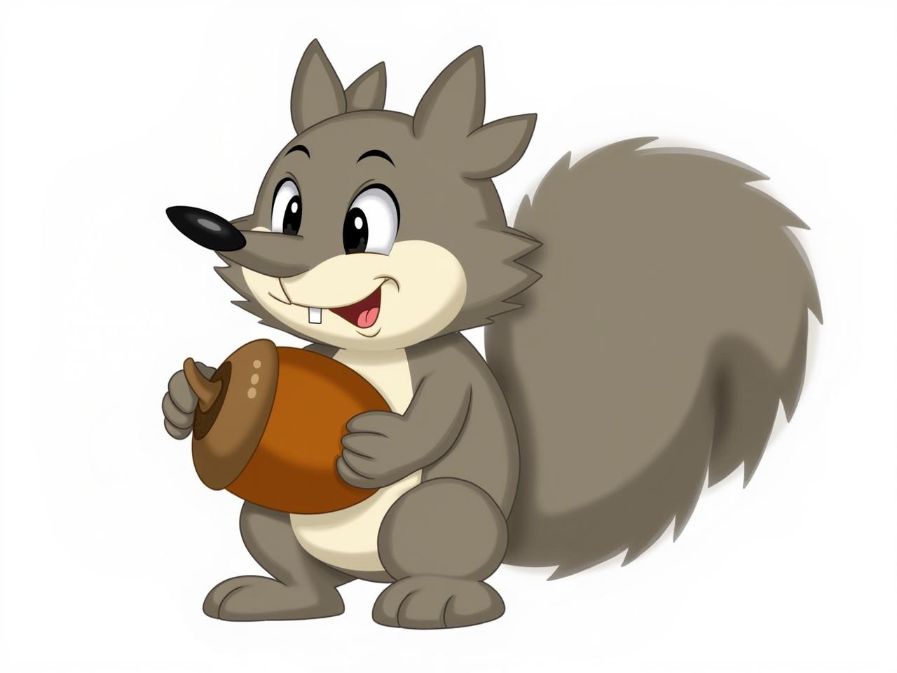 The image features a cartoon character resembling a squirrel. This character has fluffy grayish-brown fur and a large bushy tail. Its facial features include big, expressive eyes and a long snout. The squirrel is holding an acorn, which appears to be quite large compared to its body. The character is in a playful pose, suggesting a sense of mischief or excitement. The background is plain to keep the focus on the character.