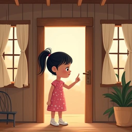 Children's illustration inside a wooden house. A girl stands next to a wooden pillar by the door. She has a short black ponytail. Wearing a pink polka-dot dress and white shoes. She looks thoughtful and hesitates while touching the pillar. The house has five wooden pillars, soft lighting from a window, off-white curtains, and a plant pot. The atmosphere is peaceful but hints at suspense or curiosity.