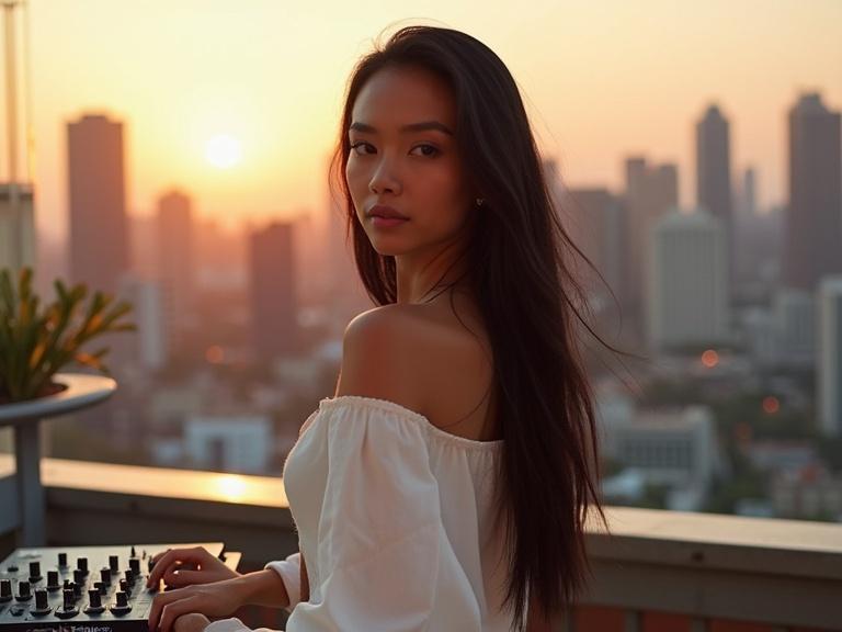 A young slender woman with long black hair mixes tracks, wearing a stylish flowing white outfit. Rooftop terrace scene overlooks vibrant city skyline at golden hour with soft ambient lighting.