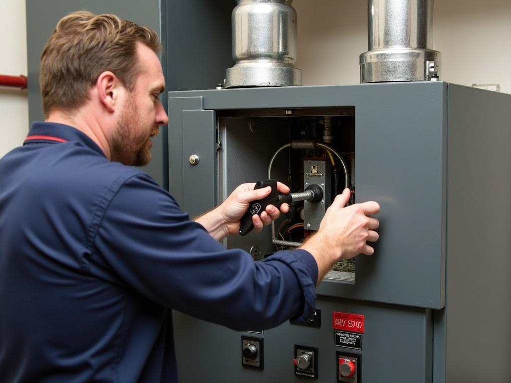 The image shows a technician working on a heating system or furnace. He is standing next to an open panel on the equipment, which reveals various components inside. The man is using a tool to tighten or adjust a part of the system, showing focus and concentration on his task. The setting appears to be within a mechanical room, featuring pipes and controls nearby. There are also several power switches visible at the bottom of the panel, indicating the system's operational controls.