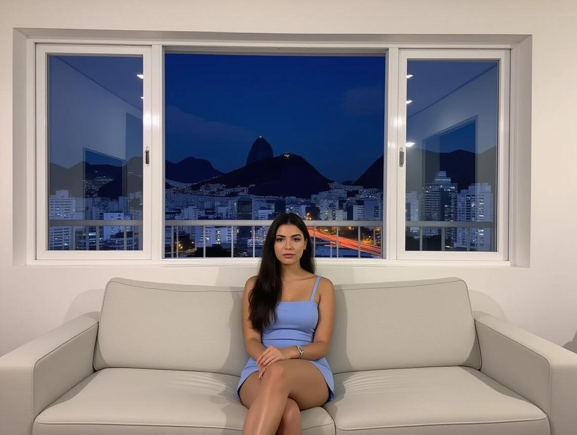 A young woman sits on a simple sofa in a small apartment. The view outside shows a night cityscape of Rio de Janeiro. She is wearing a short, plain blue dress. The atmosphere is serious and introspective. No famous landmarks are visible outside.