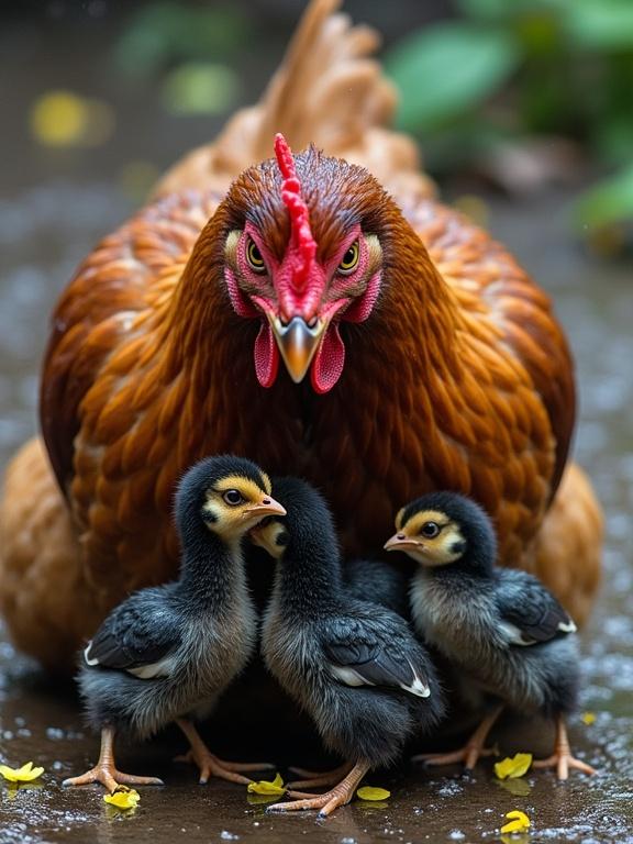 A brown-feathered hen with a vibrant red head brooding over small chicks. Hen provides shelter and warmth under her wings. Wet muddy ground indicates rain. Scattered yellow flower petals decorate the ground. Chicks are dark with lighter downy feathers.