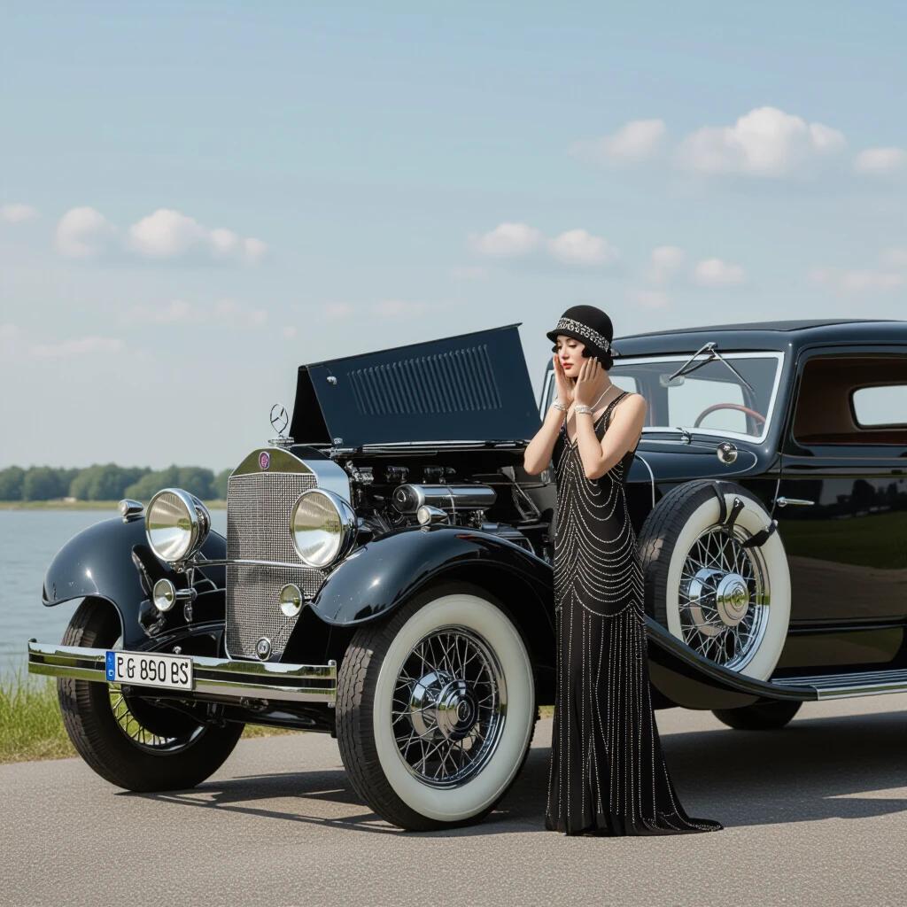 A photorealistic image depicts a 1928 roadside scene. An Art Deco socialite wears a cloche hat and a beaded dress, standing beside a classic Mercedes-Benz 18/100 PS Sportwagen. The woman leans over the left-side fender, palms pressed to cheeks, head tilted down at an angle. The hood is fully opened, revealing a straight-six engine surrounded by steam clouds. The background features a misty mountain pass. The scene captures a comedic expression of despair with a vintage aesthetic.
