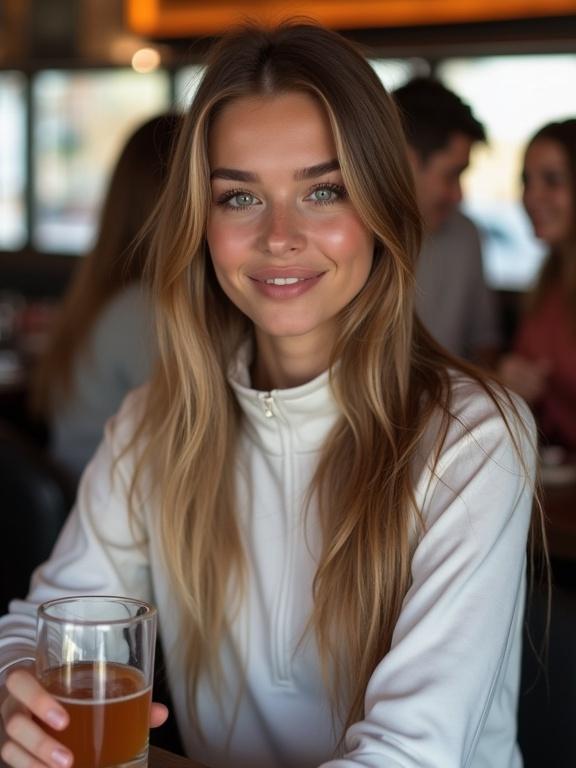 A beautiful young woman with long light brown hair. She sits in a bar holding a drink. She wears a white tracksuit top and has subtle makeup. Friends sit beside her and smile. Background is blurred with other people.
