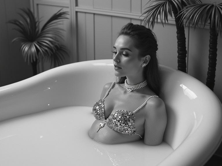 Image features a model dressed as a mermaid. She is lounging in a bathtub filled with milk. The scene is inspired by avant-garde cinema. A DIY costume made of sequins and feathers is worn. The room includes decorative palm trees. The lighting is soft and diffused, creating a surreal atmosphere. The image has a grainy texture reminiscent of 16mm film.
