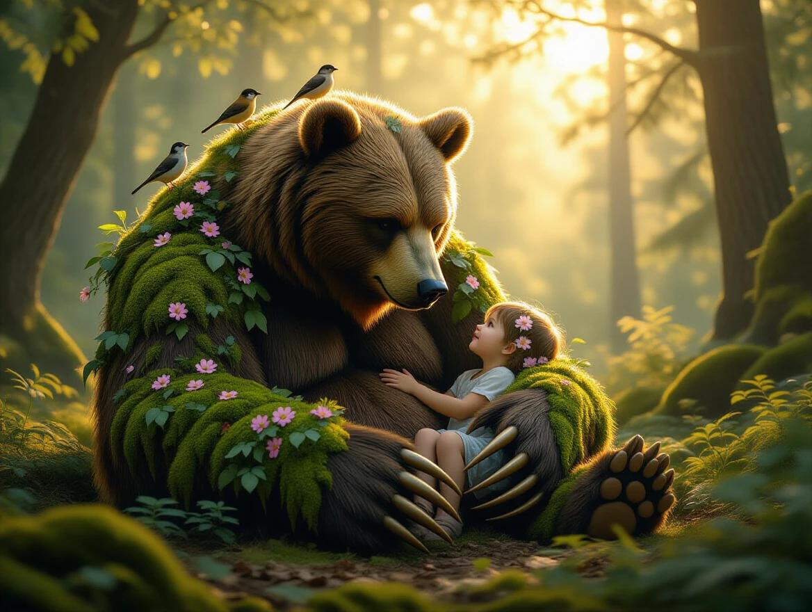 Massive moss-covered bear-shaped forest creature. Long claws. Flower vines growing from fur. Holding a lost child gently. Golden hour sunlight through trees. Birds perched on shoulder. Peaceful expression. Forest clearing. Photo-realistic and ultra-detailed. Soft shadows and shallow depth of field. Warm tones with a cinematic feel.