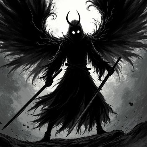A shadow warrior with glowing white eyes and no visible face. Holding two blunt short sticks in a battle stance. Wings made of aura extend from the back. Shadow-like textures on the body. Clean bold lines, no shading. Designed for A3-size silkscreen print on black T-shirt.