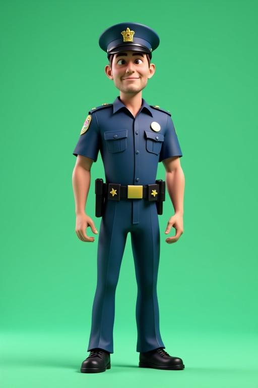 3D animation of a man wearing a police uniform. Character stands on a flat surface with a green background. Bright lighting highlights the character in a semi-realistic style.