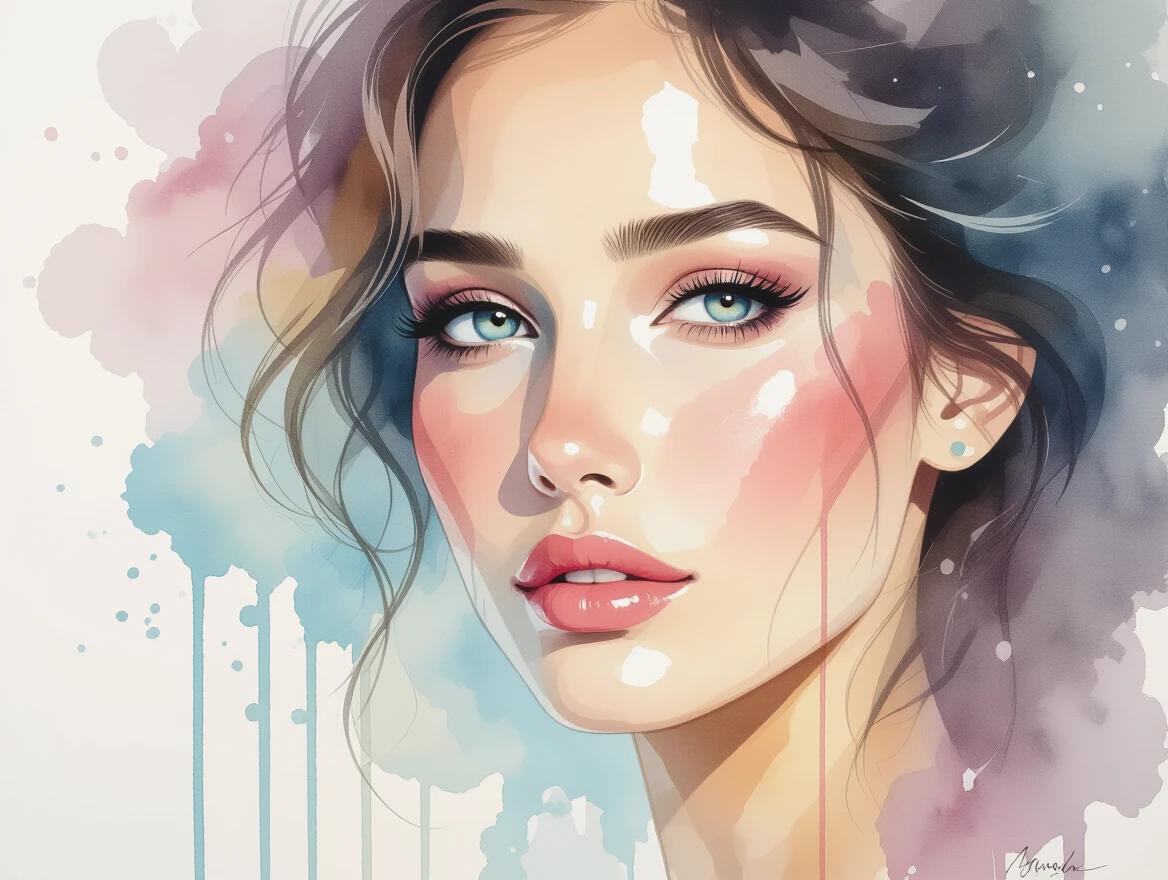 Half face portrait dissolving into watercolor splashes. Soft pastel colors bleed into white background. Visible brushstrokes and paint drips. Dreamy ethereal quality. Traditional watercolor style. Artist's signature visible. Natural skin tones blend with color washes.