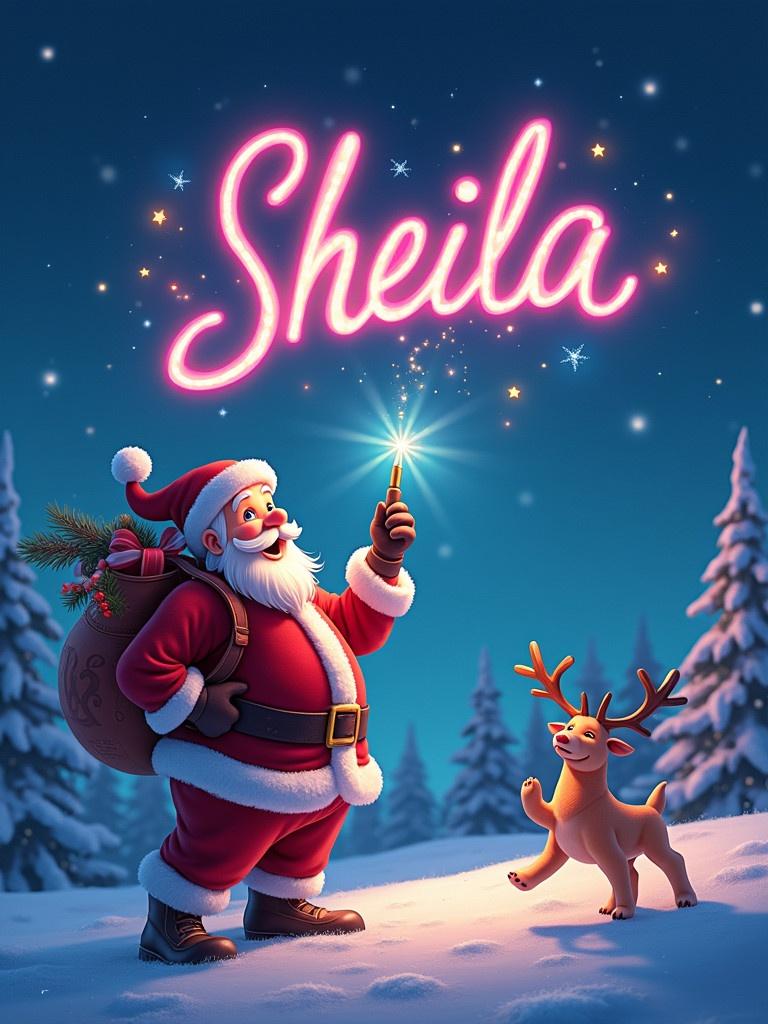 Christmas scene featuring Santa Claus writing name in the sky. Colorful glow pen creates festive effect. Santa gazes upwards with a reindeer nearby. Wintery atmosphere with snowy background.