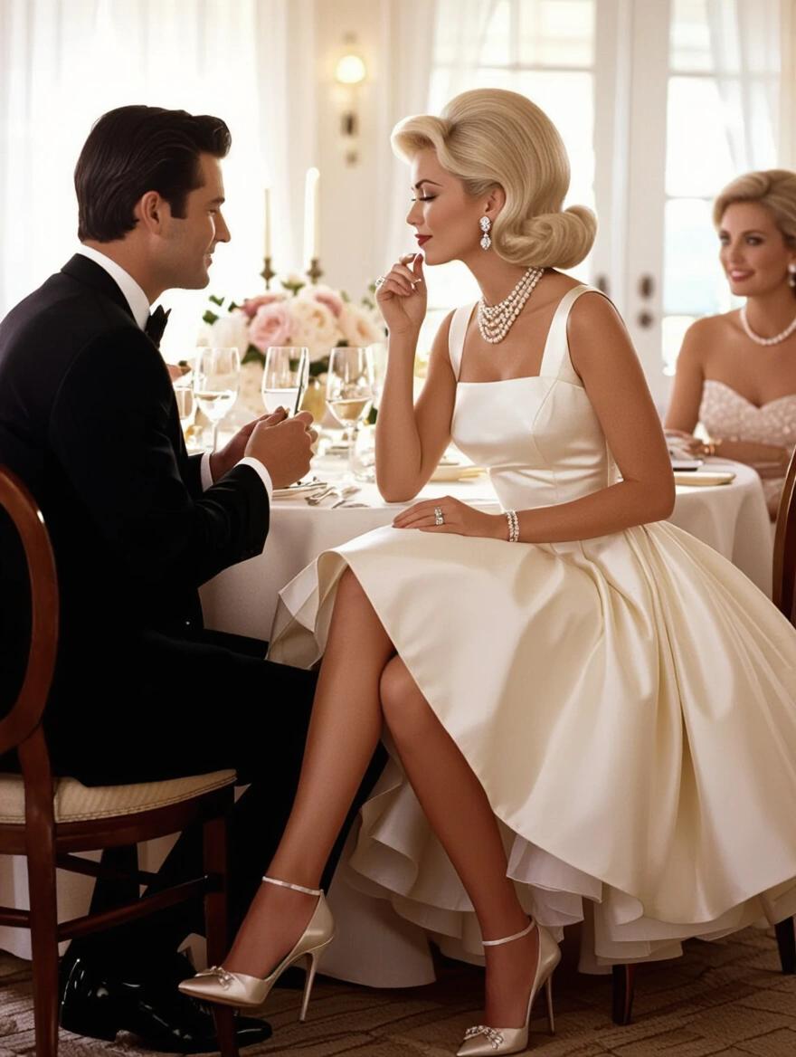 Full body portrait of a woman in a casual party dress captured during an engagement proposal. Woman wears an ivory satin dress with petticoats. Her hair is voluminous and platinum blonde. She accessorizes with pearl necklace and diamond earrings. A man is proposing with a ring. Scene features elegant decor and soft lighting emphasizing mid-century sophistication.
