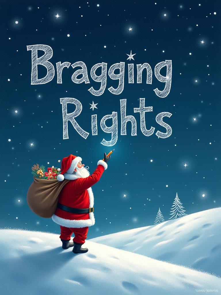 Santa Claus stands on snowy hill. Starry night sky overhead. Writes names in the sky. Santa in red white attire with large sack of gifts. Name 'Bragging Rights' appears in whimsical font.