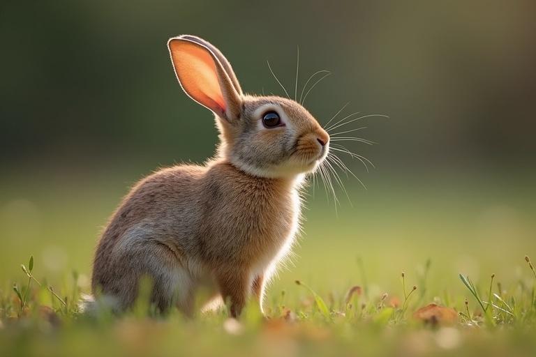 Rabbit in a grassy field with ears perked up. Rabbit appears alert and cautious. Background is softly blurred allowing focus on rabbit. Rabbit looks curiously to the side.