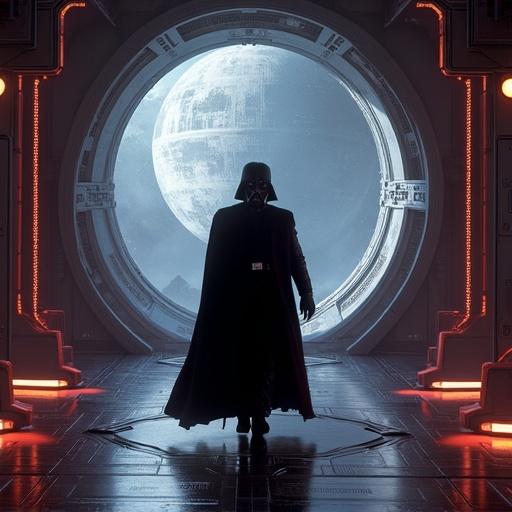 Darth Vader is walking in a sci-fi corridor inside the Death Star. A large circular window shows a moon outside. The scene has dramatic lighting with a dark atmosphere.