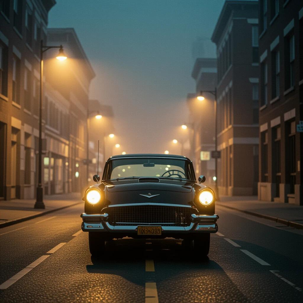 Vintage car parked in the middle of a deserted foggy street at night. Warm headlights piercing the mist. Retro noir vibes with a 1950s cityscape.