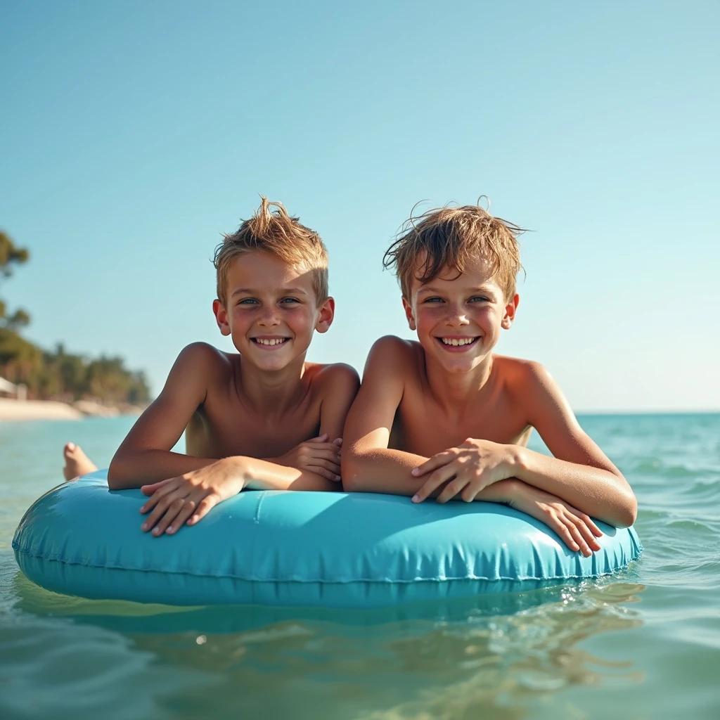 Two cute boys lying together on a large innertube in the ocean. They are enjoying a sunny day at the beach. The background shows an inviting sea and a clear blue sky.