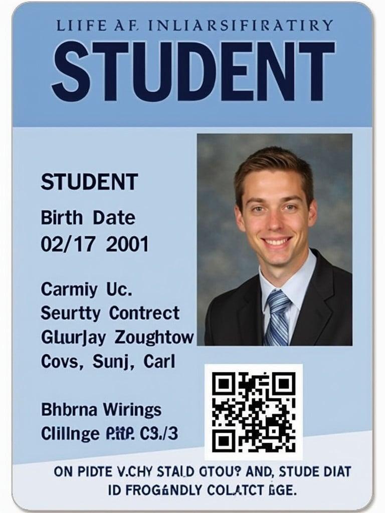 This image displays a student ID card. The card is blue in color. The word 'Student' is prominently highlighted. The card includes a birth date of 02/17/2001. It features a QR code for personal data access. The layout is professional and serious. The tone is academic. The photo presents the student formally. Overall imagery conveys legitimacy in education.