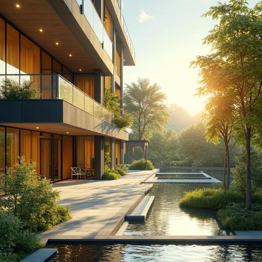 Futuristic modern villa with a luxurious garden. Morning sunlight enhances the scene. Tokyo setting with light gold and onyx black accents. Emphasis on oversized and modern design elements.