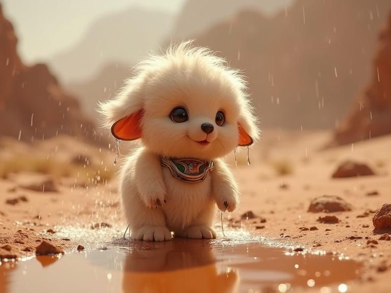 Tiny adorable fluffy chrome animal in a desert setting. It is raining. The animal appears wet and is shaking off water while standing in a puddle. The scene is dramatic and hyper-detailed, showcasing cuteness.