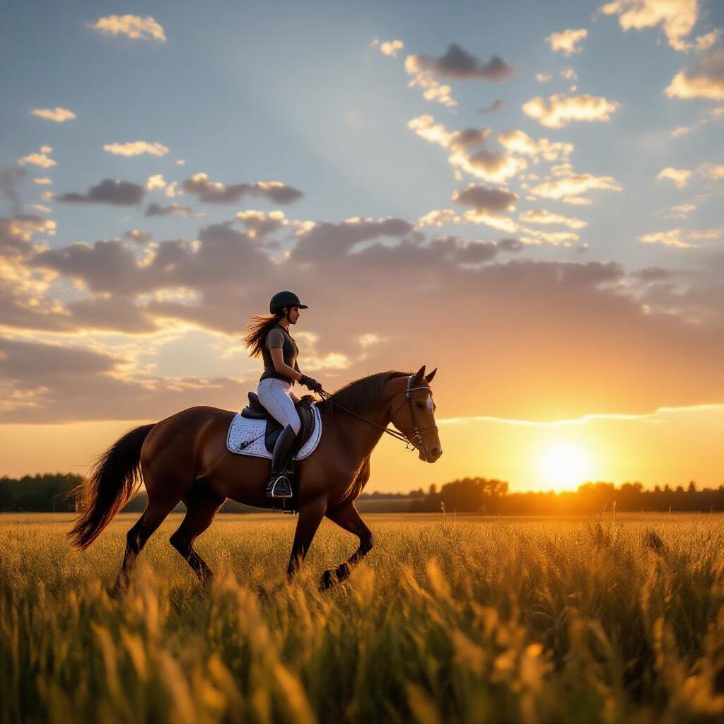 Horse riding through a field at sunset. Warm sunlight illuminates the scene. Rider on a horse with flowing mane. Grass swaying in the breeze. Gorgeous landscape in the background.