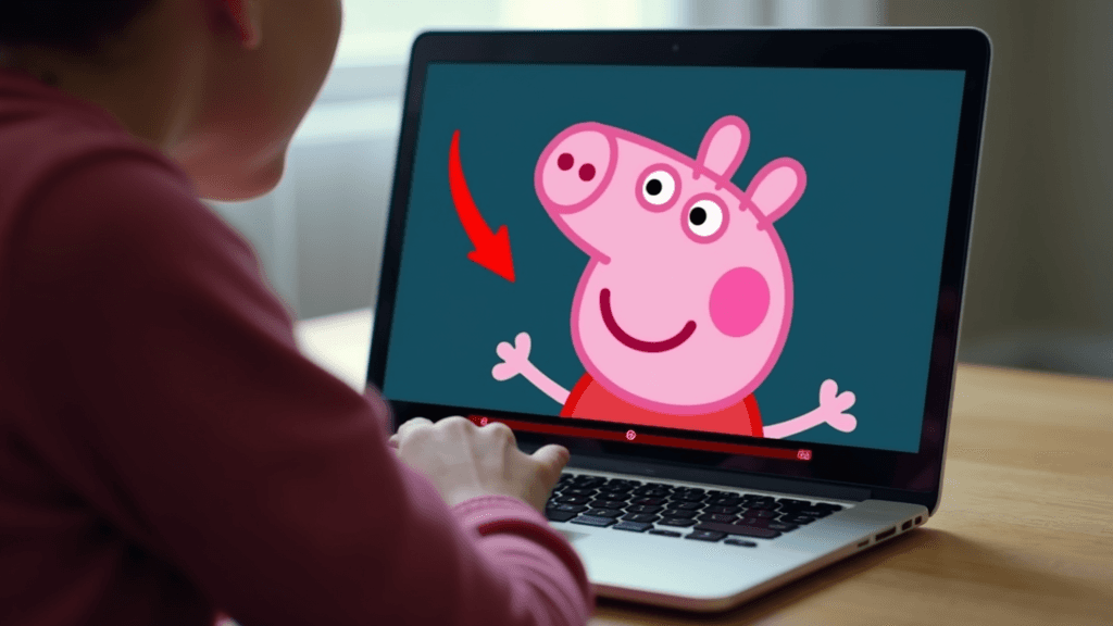 A person is interacting with an animated pig character displayed on a laptop screen.