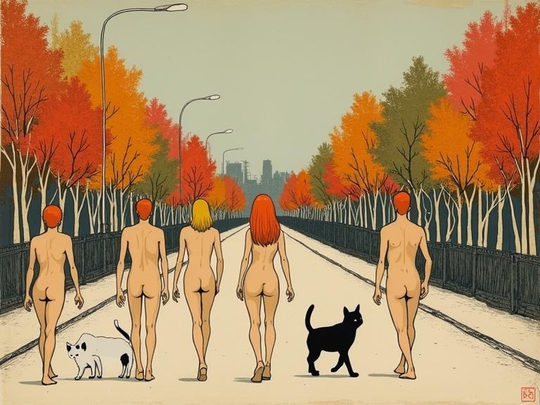 Image shows matchstick figures walking naked along a street. Figures include both humans and cats. Trees are displayed in autumn colors.
