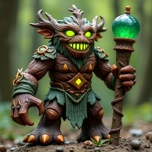 Grand Oakheart is a fantasy character standing 14.5 cm tall. Body has tree-like features with bark armor. Face resembles a wooden mask with glowing eyes. Wields a staff topped with an emerald acorn. Design includes branch appendages and a vine crown. Color palette has brown, green, gold, and emerald touches.