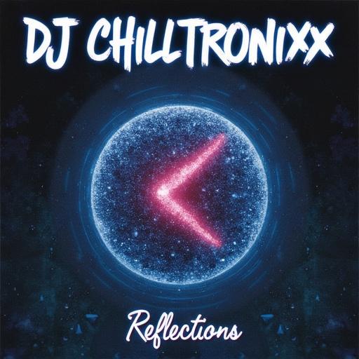 DJ Chilltronixx album cover with title Reflections. Circular design with glowing cosmic effects in blue and purple colors.