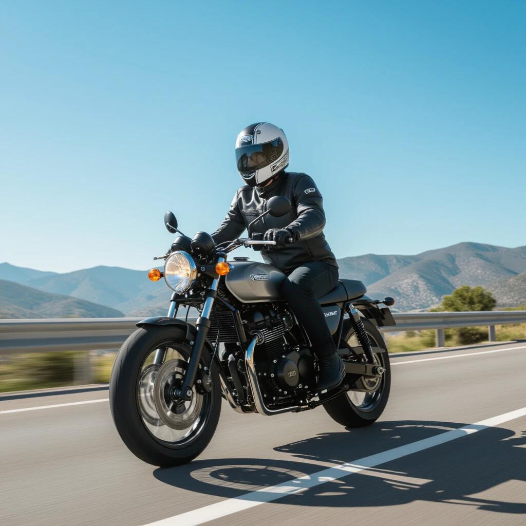 Motorcycle riding on a highway under a clear blue sky. Rider is wearing a leather suit and helmet. The motorcycle is black and sleek. Mountains are visible in the background. Road lines are prominent.