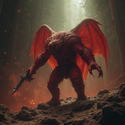 A demon-like creature with red skin and large wings stands in a dark forest. The creature holds a weapon and has intricate features. The setting has a mystical, dark atmosphere.