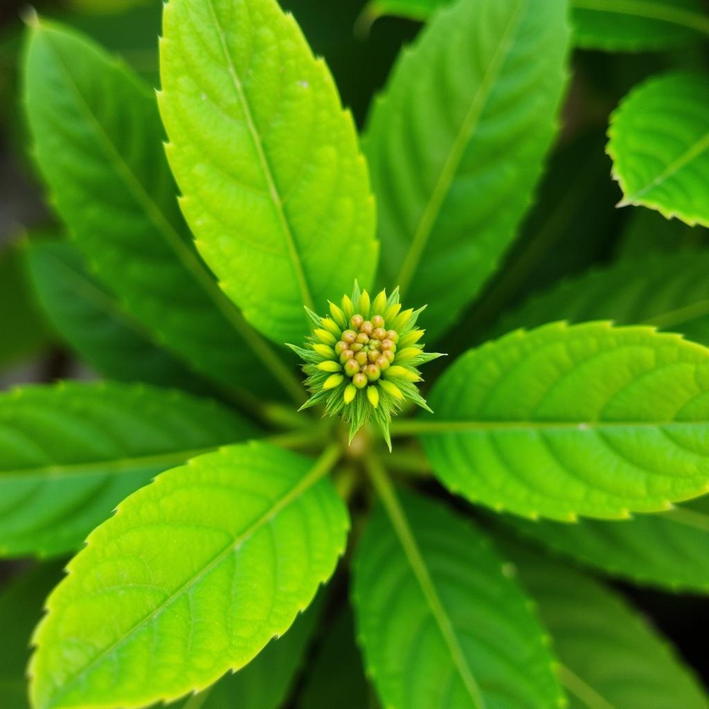 Vibrant green plant with bright green leaves. Budding flower at the center. Top-down view of the foliage. Natural, bright lighting.