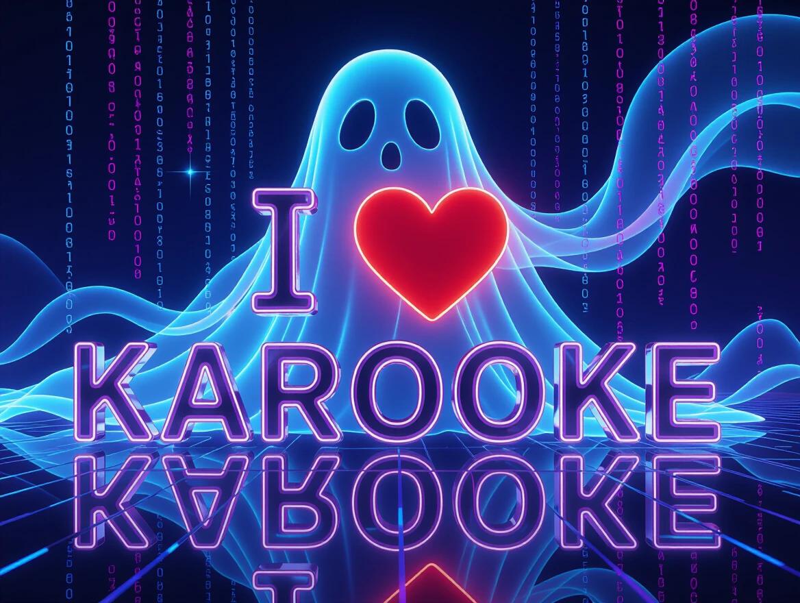 Ethereal digital ghost with vibrant neon elements. Text 'I ❤️ KARAOKE' in shiny 3D metallic letters. Translucent wisps of data surround the ghost.