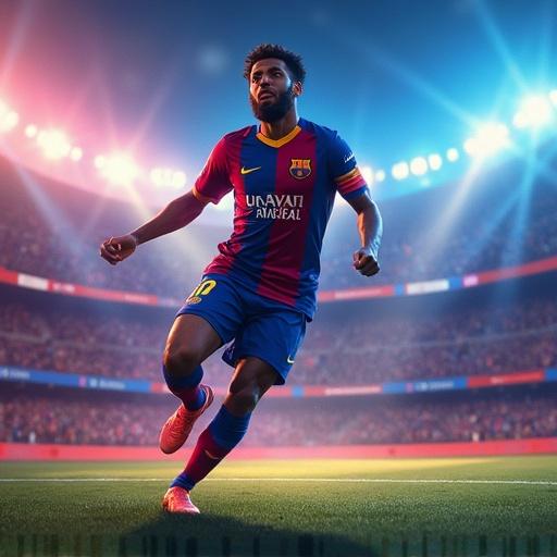 Illustration of a football player celebrating a goal with dynamic blue and burgundy energy effects. Background features the FC Barcelona crest glowing in the stadium atmosphere. The player wears the official Barça jersey with modern details. The fully lit stadium is filled with excited fans. The grass shines underfoot. Ultra photorealistic style with vibrant animation.