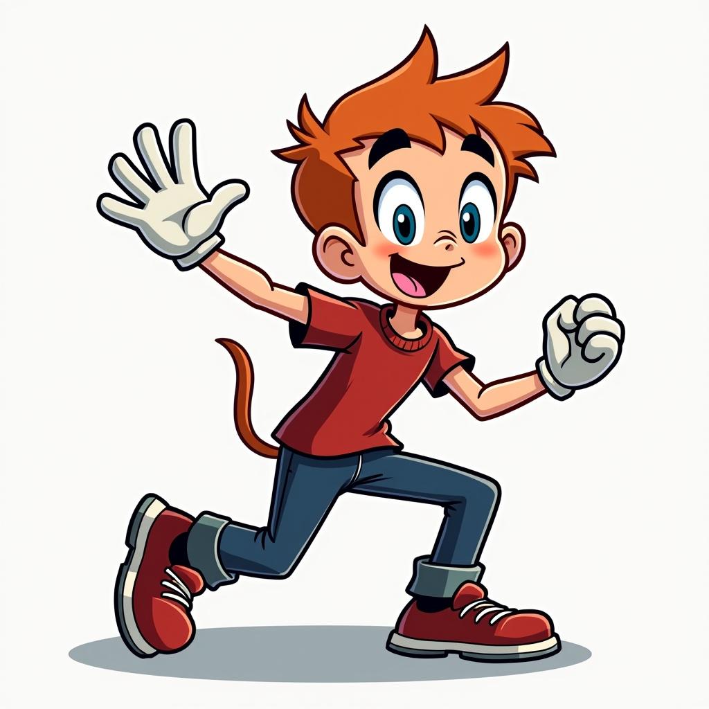 This image features a lively cartoon character resembling Archie. He has bright orange hair and is wearing a red t-shirt and blue jeans. With a joyful expression, he waves while running energetically. His footwear consists of stylish red sneakers. The character has white gloves and a playful demeanor, symbolizing fun and adventure. This illustration captures the essence of youthful enthusiasm and cartoon charm.