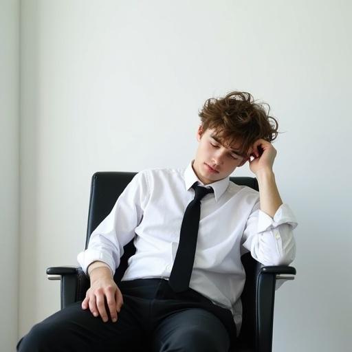 Young man sits in a white office room. Messy brown hair and unchiseled face. He slouches on an office chair. One arm rests on the arm rest. The other rests by his side. Buttoned untucked white shirt and unzipped black trousers. Black tie hangs loose. Image evokes a sense of tiredness and dishevelment. Straight-on perspective.