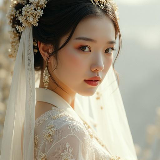 Art nouveau inspired painting of a beautiful Asian young woman clad in pure white as a traditional princess. The scene captures her from afar, highlighting the elegance and artistry of her attire.