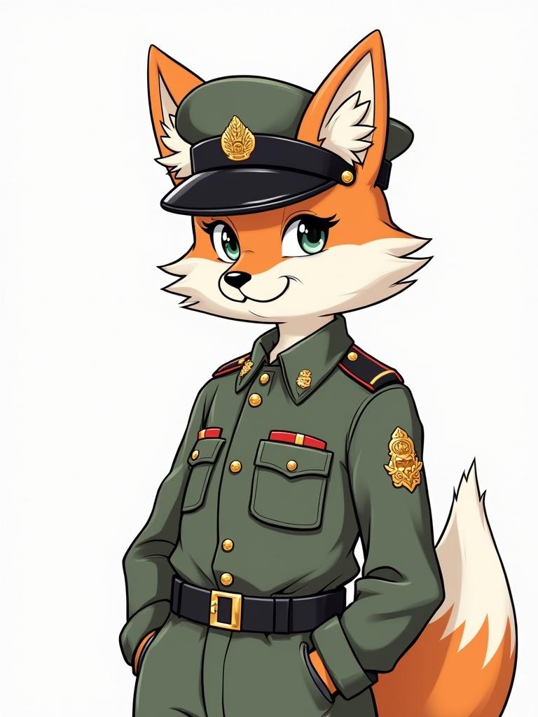 Fox character wearing a military uniform with a peaked cap. Standing confidently, smiling. No background in the image.