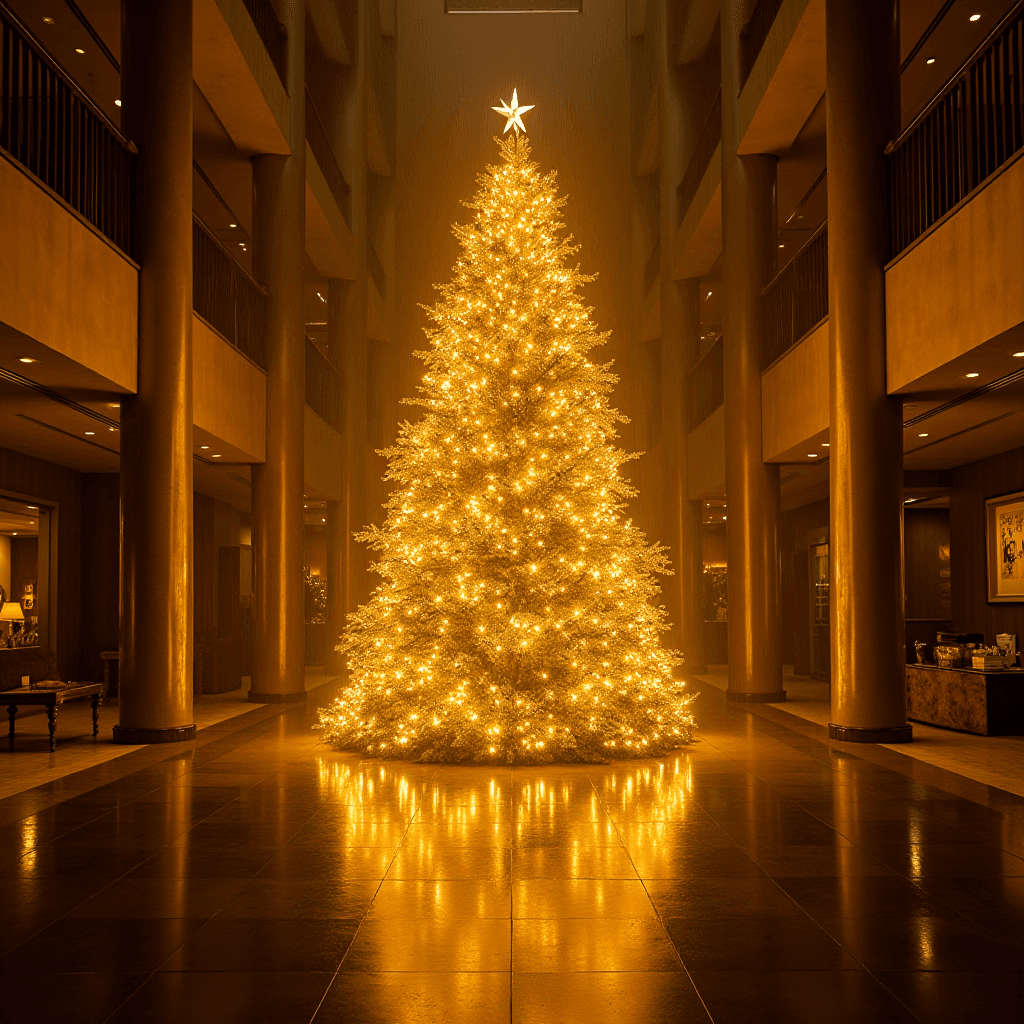 A large, beautifully illuminated Christmas tree stands in a grand hallway.