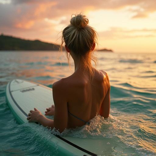 Cinematic portrait photograph of a woman on a surfboard paddling in teal-blue water. She has a bun hairstyle and sun-kissed skin. The scene has golden light reflecting on the water, with misty green hills and a colorful sky.