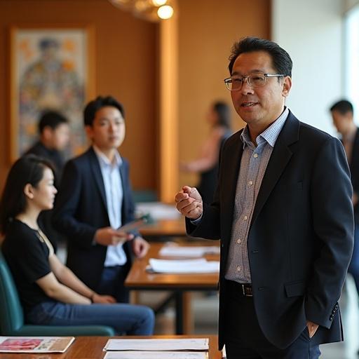 Determined Ma Ying-jeou in the lobby of the Ma Ying-jeou Foundation in Taipei speaks to his team and enthusiastic young Taiwanese students. They finalize arrangements for a visit to the Chinese mainland. The event is the 17th Cross-Strait Forum in Xiamen. Documents and brochures are on the tables.