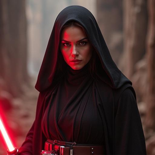 A woman in a dark hooded cloak holding a red lightsaber. She has a serious expression. The background is blurred with dark and mysterious surroundings.