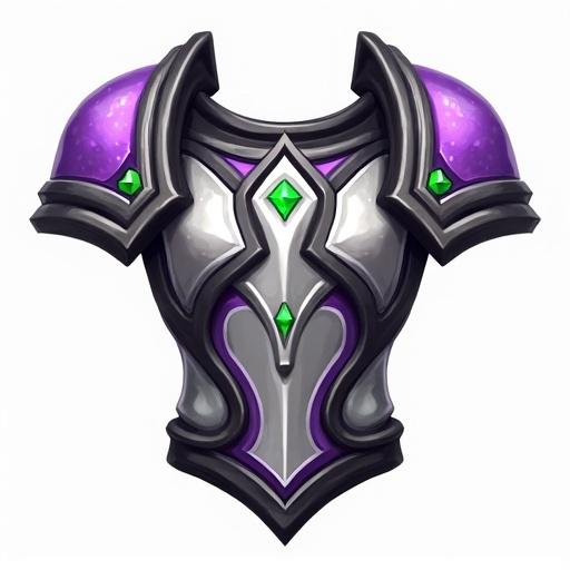 Icon of a legendary breastplate featuring silver and white colors with purple black and green accents designed for a card game in the style of World of Warcraft size 48 x 48 pixels with a transparent background